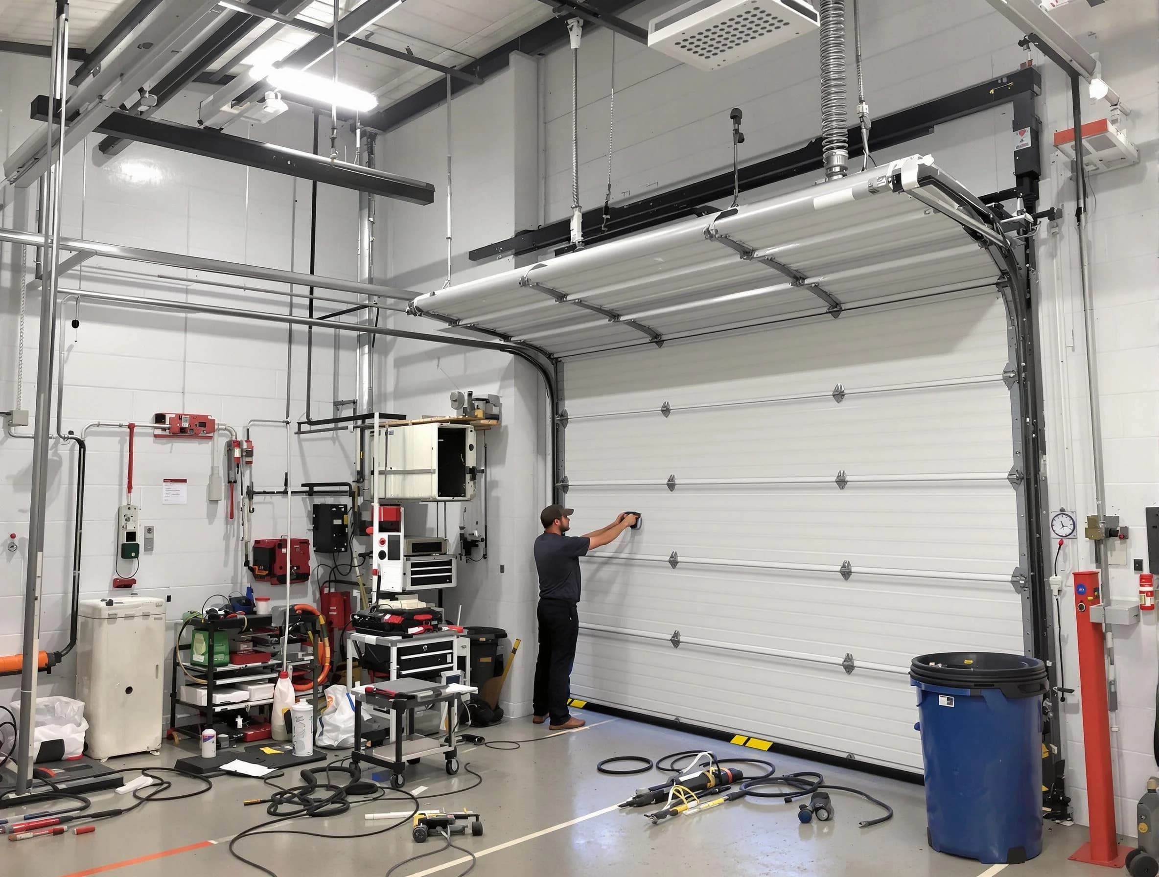 New Haven Garage Door Pros certified technician performing commercial door repair at a New Haven business facility