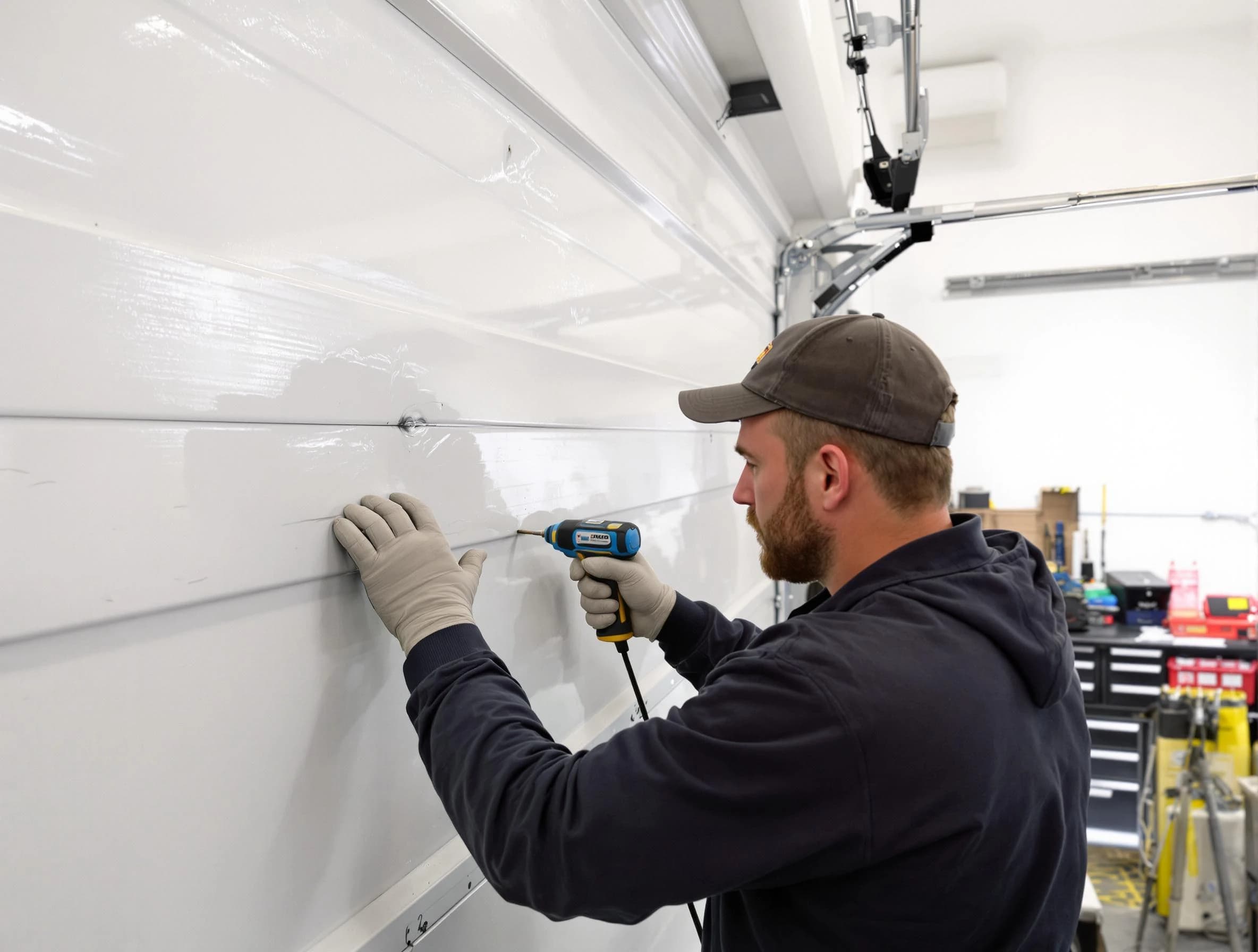 New Haven Garage Door Pros technician demonstrating precision dent removal techniques on a New Haven garage door