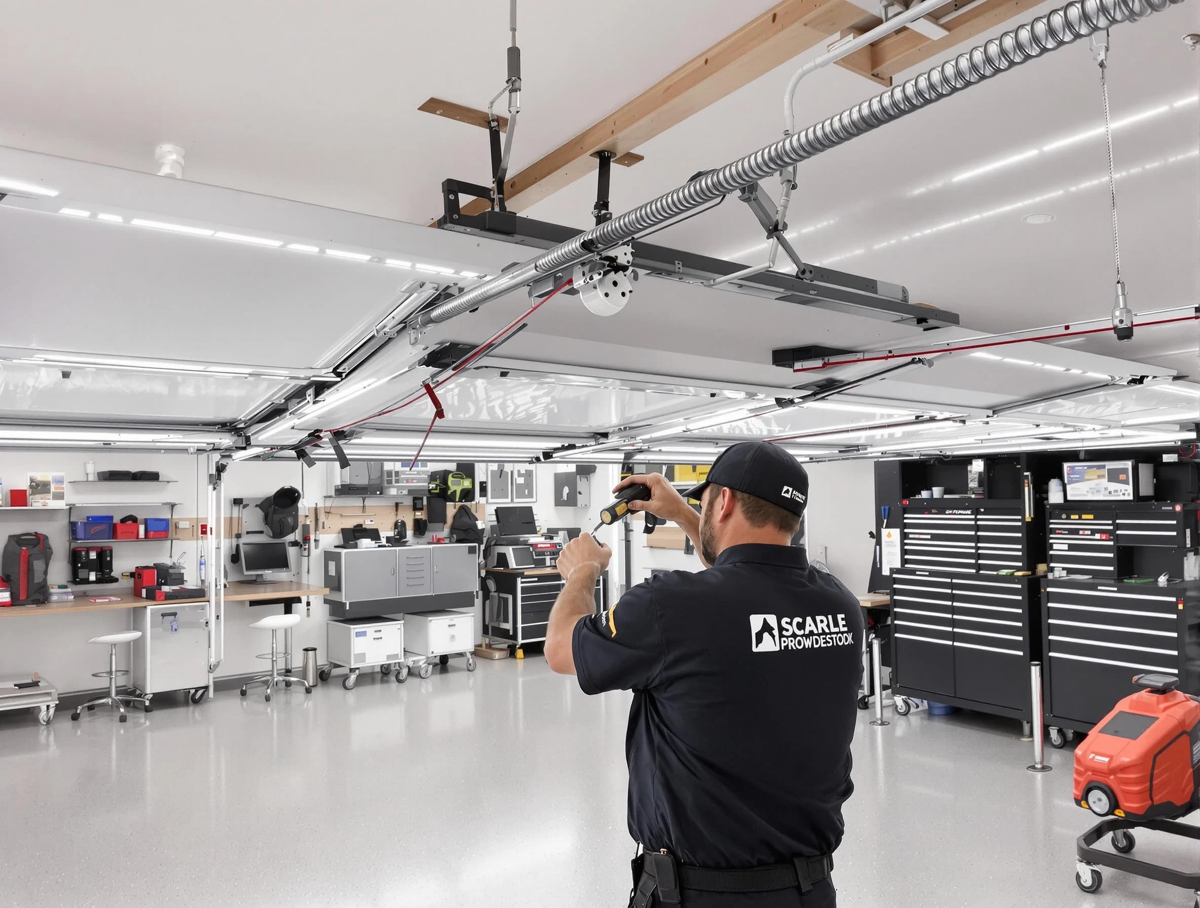 New Haven Garage Door Pros technician repairing overhead garage door in New Haven