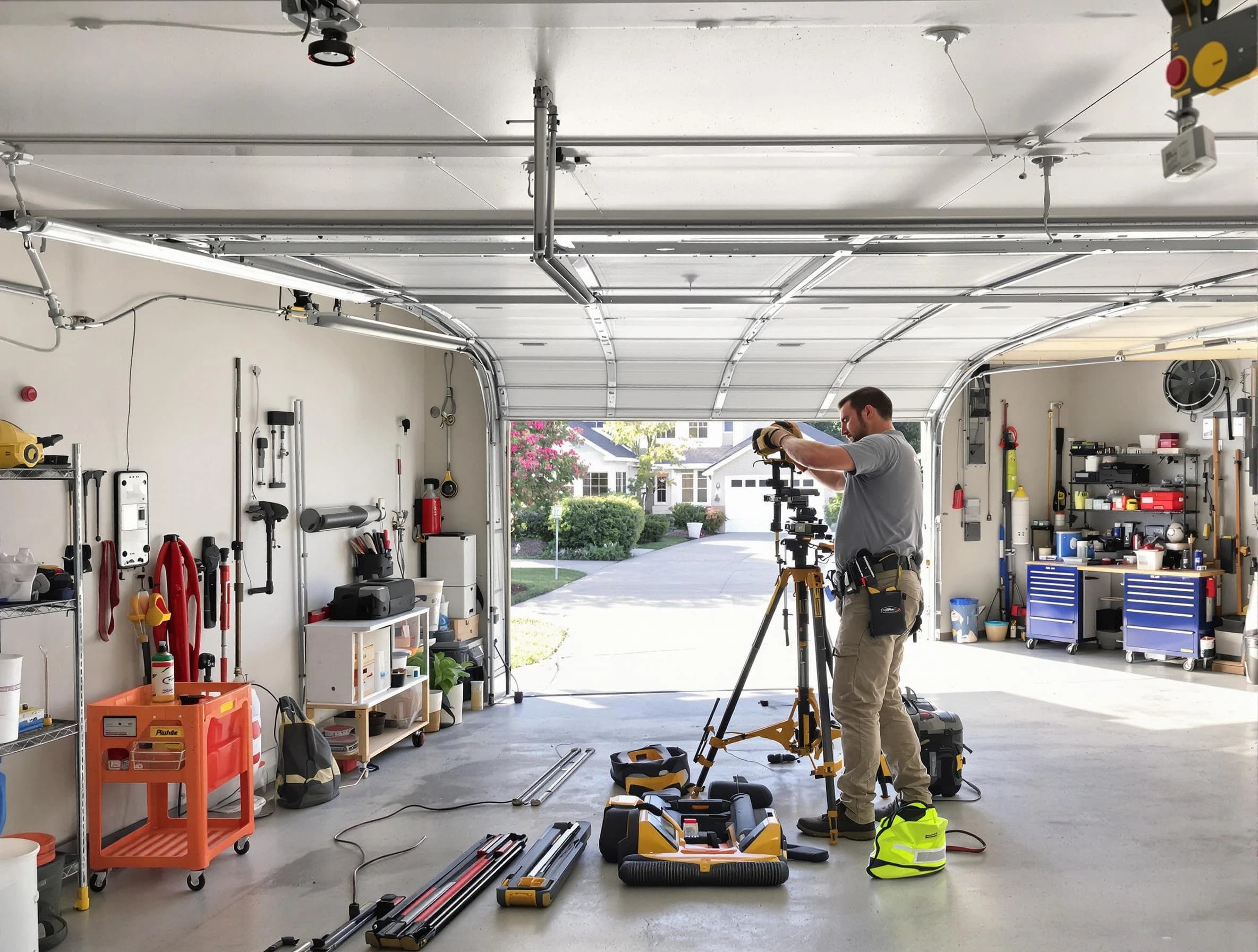 New Haven Garage Door Pros specialist performing laser-guided track alignment in New Haven